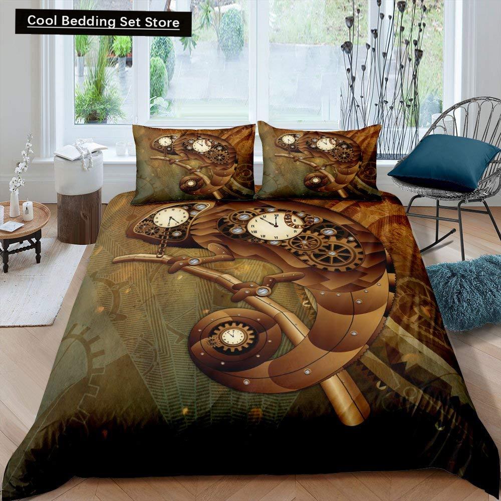 Golden Industrial Gear King Full Duvet Cover Steampunk Style Bedding Set Mechanical Device Quilt Cover Polyester Comforter Cover