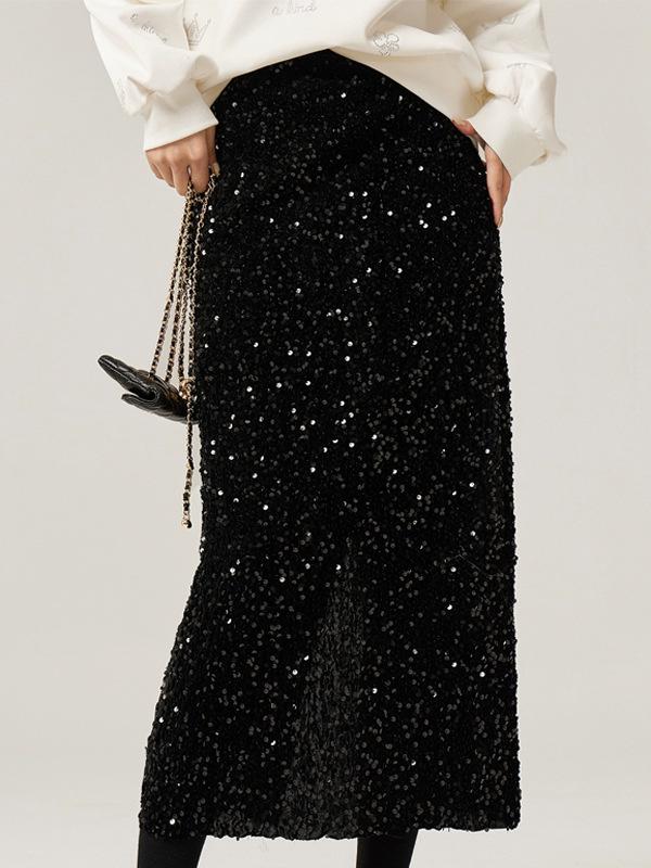 Velvet Sequin A-line Black Skirt - Women's 2025 Autumn/Winter Collection