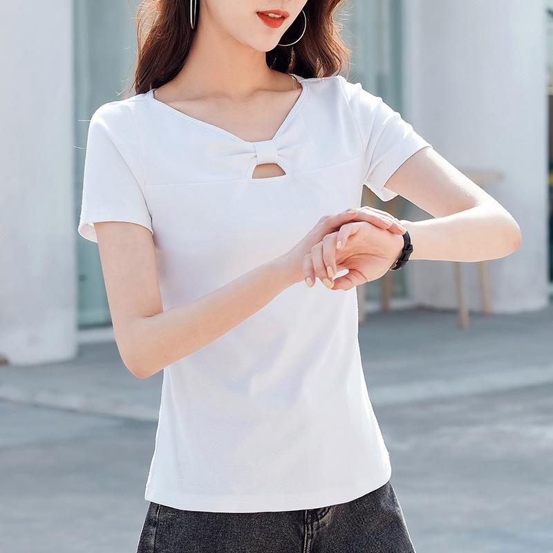 Hollow Chest Bowknot Sweet Korean Version of Slim Cotton Short-sleeved Women's T-shirt Fashion One-shoulder Half-sleeved Top