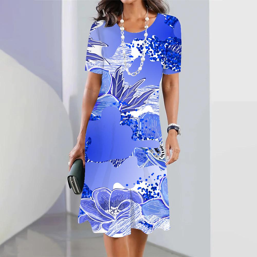 Blue Floral Women's Summer Short Sleeve Dress Fashion Party 3D Print Round Neck Knee-Length Dress 2026