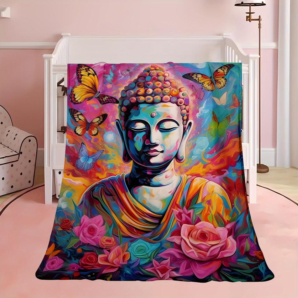 Butterfly and Buddha Statue Patterns Flannel Printed Blanket Suitable for All Seasons Suitable for Living Office Sofa and Travel