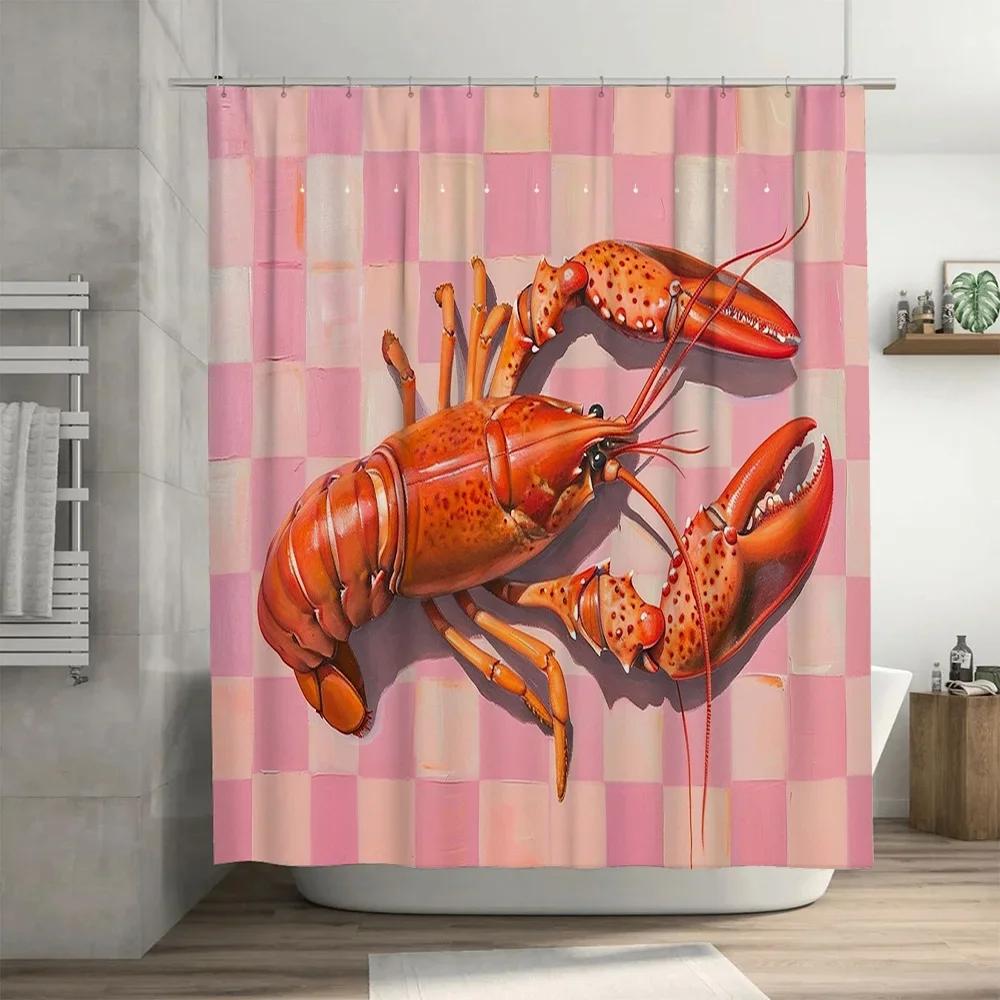 Printed Bath Curtains Pink Checkered Lobster Shower Curtain for Bathroom Decoration Waterproof Fabric Shower Panels Set with