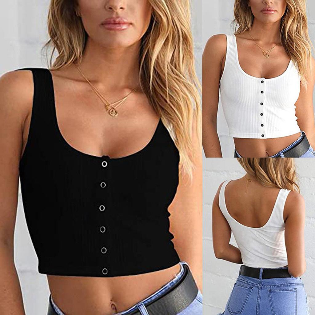 Fashion Womens Sexy Button Tank Top Vest Off Shoulder  Blouse T-Shirt