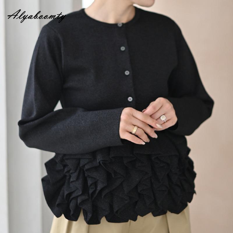 Elegantní móda Podzim Zima Dámský jednobarevný pletený kardigan Bílý Černý Růžový Volány Patchwork Úřednice Pletený svetr Sladký Dámský Hřejivý kabát