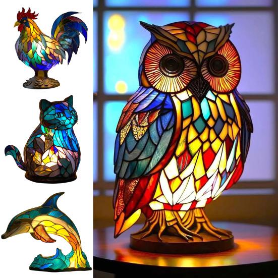 Colorful Stained Resin Animal Night Light Cat Horse Elephant Dolphin Lion Cock Owl Wolf Shape Table Lamp Home
