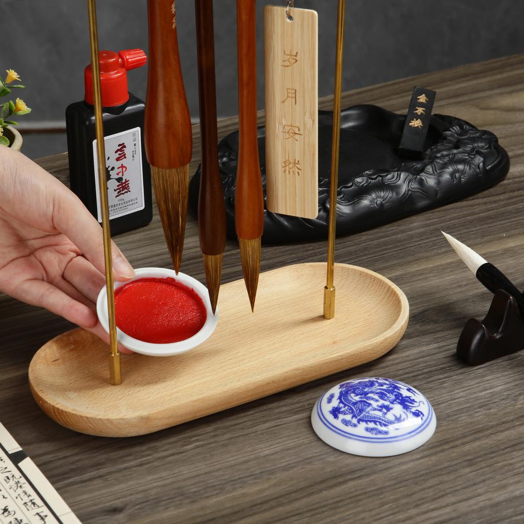 Metal Chinese Brush Pen Holder with Wooden Base Brass Calligraphy Rest Ink Hanger 8 Needles Writing Brush Holder