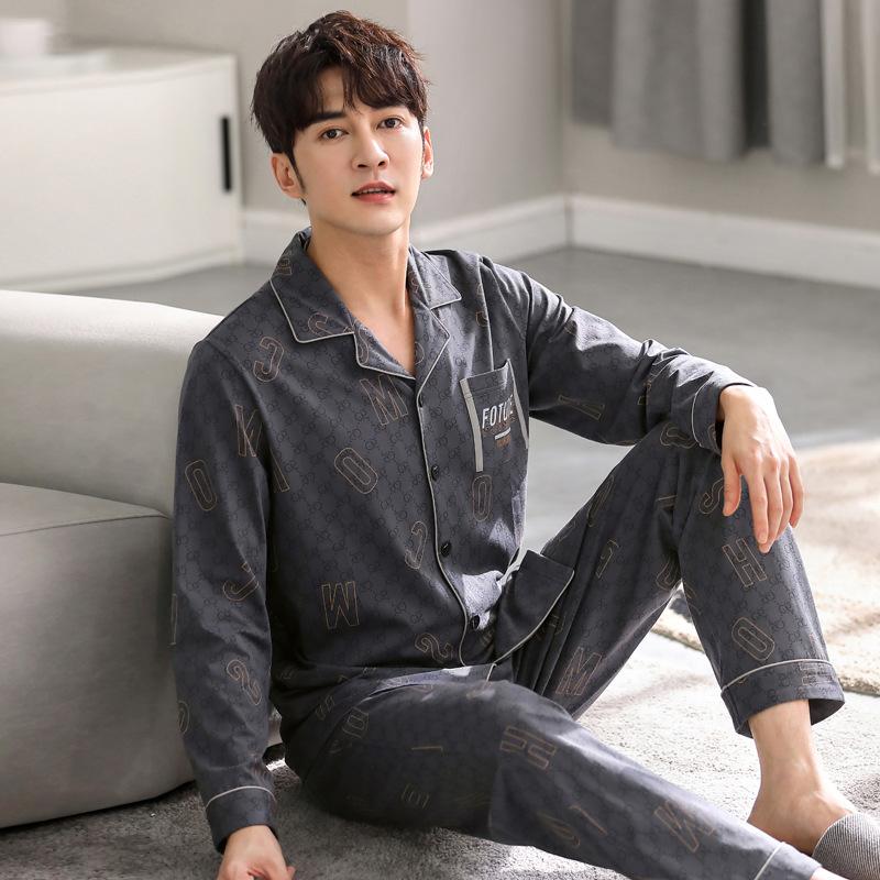 Pajamas Men'S Spring And Autumn Cotton Long Sleeve Cardigan Spring And Summer Thin Cotton Loungewear Set