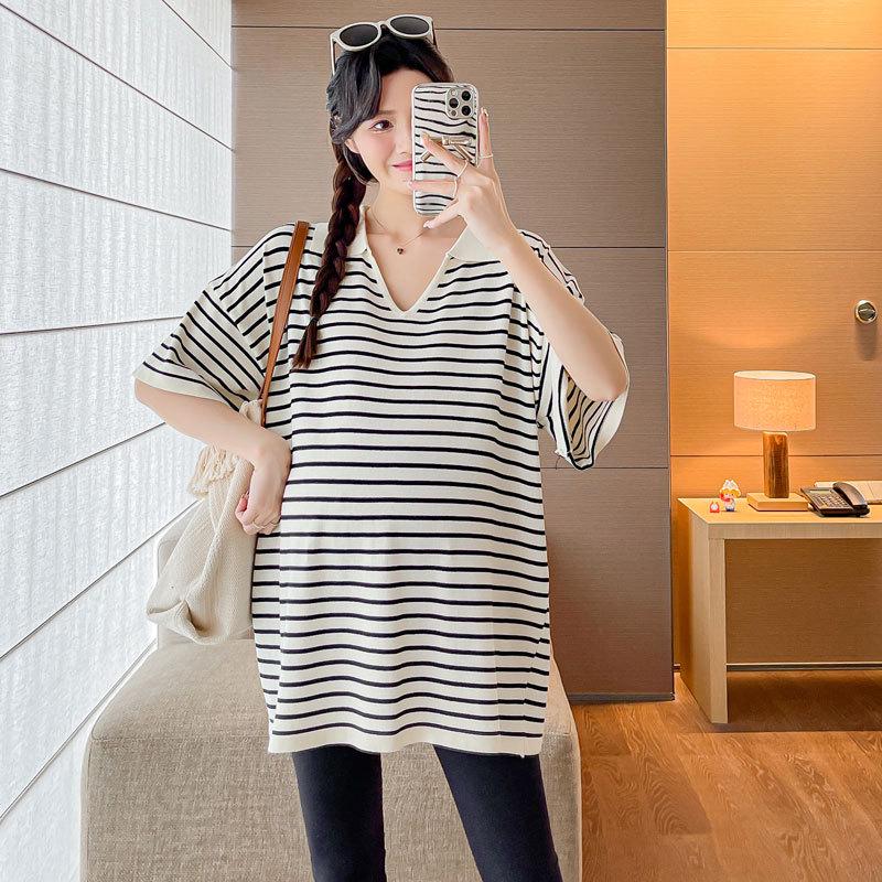 Korean Style Maternity Striped Casual Top - Plus Size, Loose, Slimming, Stylish & Age-Reducing
