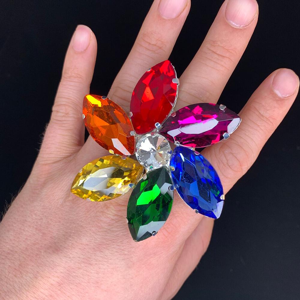 Stonefans Rhinestone Water Drop Ring Colorful Adjustable Large Accessories Crystal Rings for Woman Luxury Cocktail Party серебряный