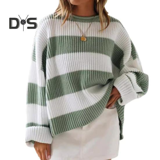 Women Pullover Sweater Wide Striped Color Block Crew Neck Long Sleeve Ribbed Cuffs Oversized Sweater Casual Knitwear