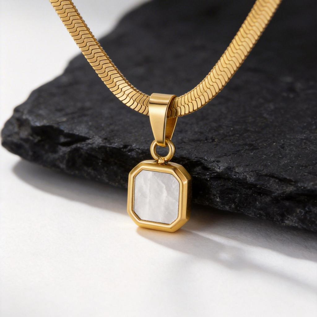 Geometric Square Natural Stone Pendant Necklace for Men, Gold Silver Color Stainless Steel Blade Chain, Trendy Jewelry Gift