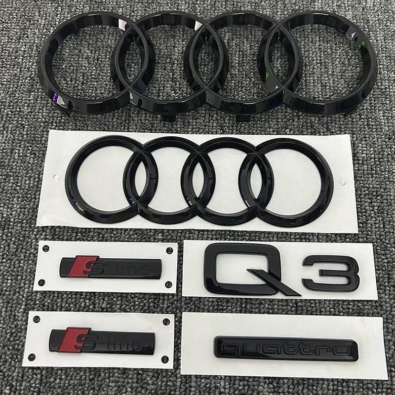 For Qaz16 Q3 2013-2022 4Ring Logo ABS Black Car Hood Front Grille Emblem Rear Trunk Badge Sticker Sline Quarrto Side Decoration