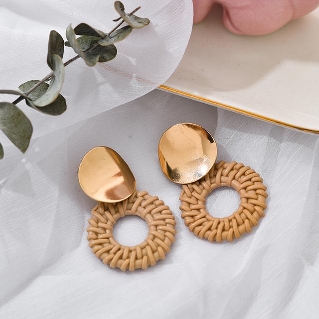 Korea Bohemia Handmade Geometric Drop Earrings For Women Imitation Rattan Straw Weave Knit Vine Earring Vacation Party Jewelry