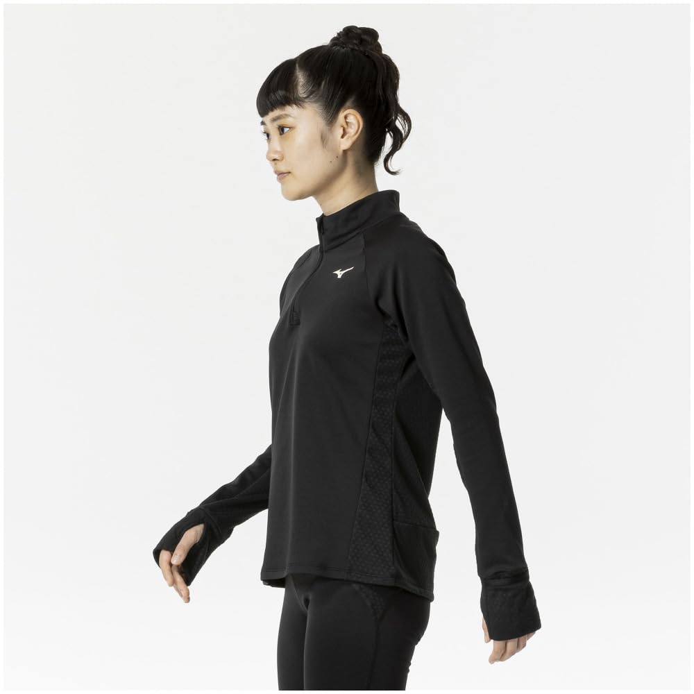 Mizuno Warmer Light Running Aurora Reflective Black Women's Shirt, Half-Zip, Design, Warm, Fleece-Lined, Stretch, Print, J2MCA705,
