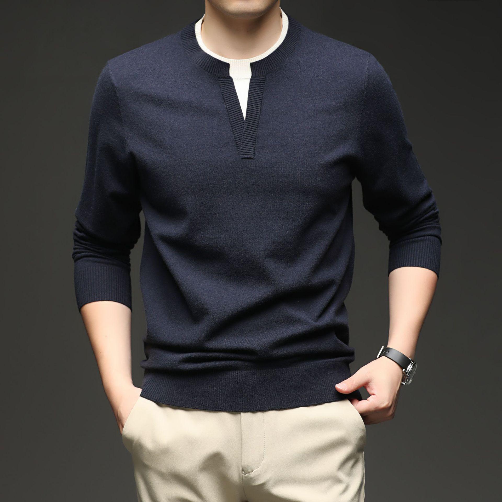 Men s Long Sleeve Wool Faux Layer Knitwear - Autumn/Winter Old Money Style Sweater Casual Loose Fit XL