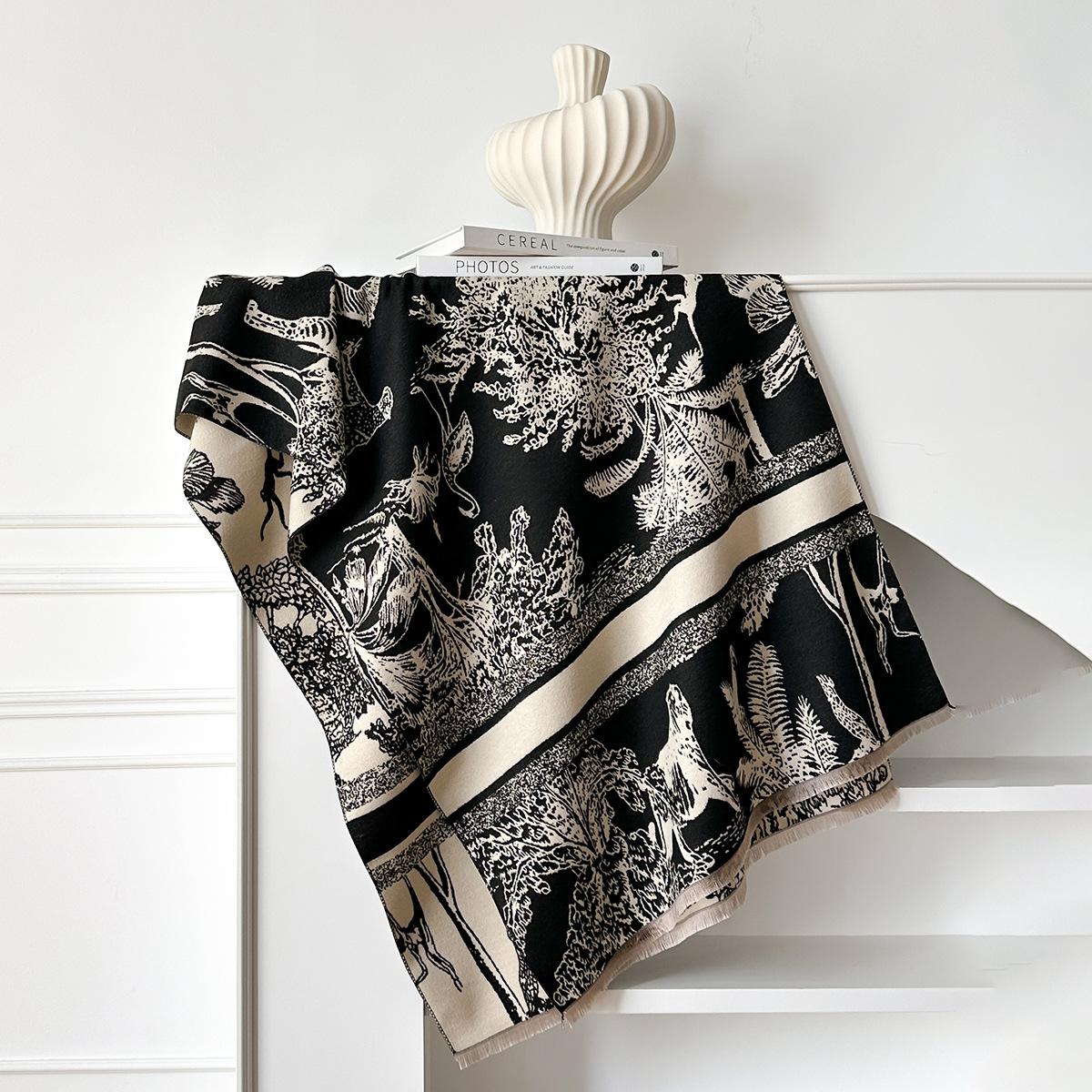 

Осенне-зимний шарф из имитации кашемира, женский зимний шарф из кашемира высокого класса, ручной шарф, шаль с животным лесом 185x65cm чёрный