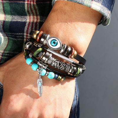 Bohemian Multi-Layer Bracelet, Turquoise Eye Bracelet, Retro Metal Feather Pendant, Men'S Handmade Jewelry Generation