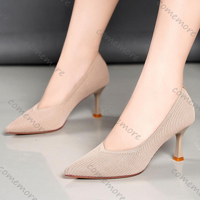 Fashion Comemore Pointed Toe Single Shoes High Heels Simple Solid Color Knitting Pumps Woman Shoes Spring Autumn Solid Heels for Women