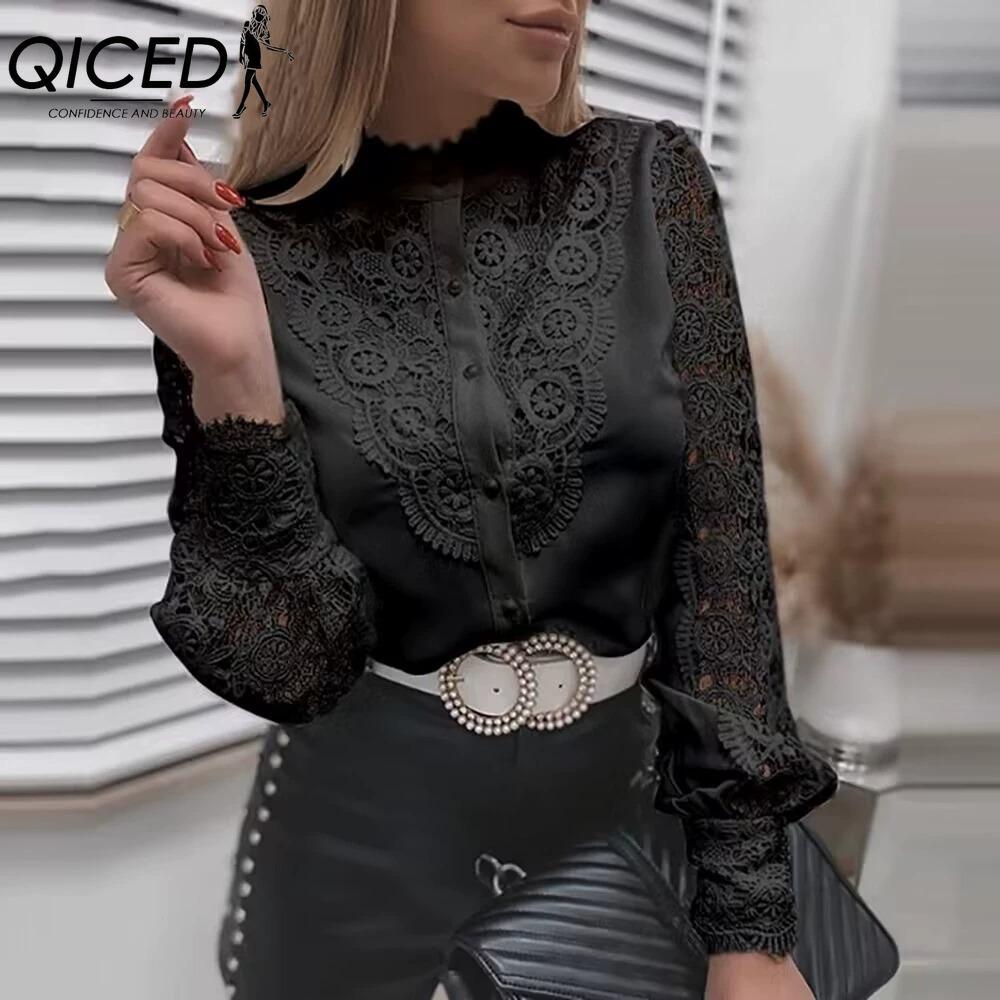 

QICED Женские модные повседневные однотонные блузки и рубашки с длинным рукавом с принтом S