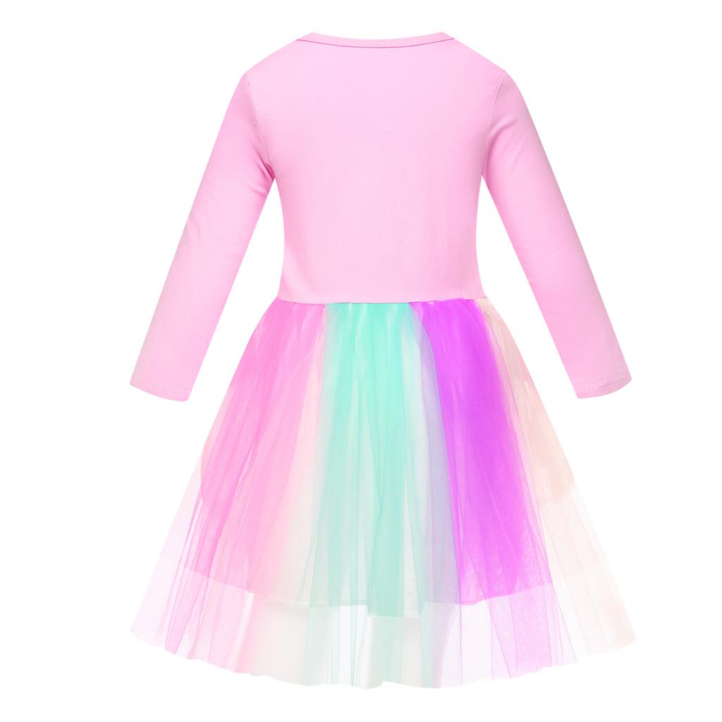 Kids Girls Witch Glinda Print Mesh Rainbow Round Neck Casual Cotton Dress