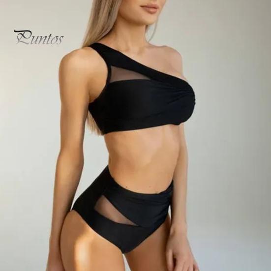 2Pcs/Set Sexy Women Bikini Set One-Shoulder Mesh Patchwork Bra High Cut Pleated Briefs Set Quick Drying Stretchy Push Up Swimsuit