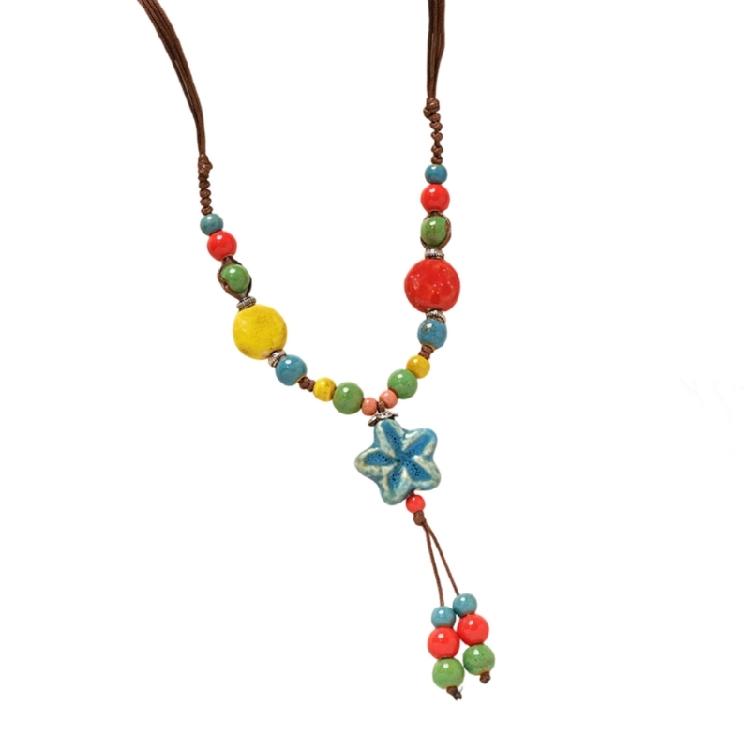 Delicate Ceramic Flower Beaded Necklace Handcrafted Retro Long Sweater Chain For Various Occasions