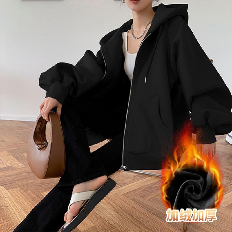 Jimo hooded sweater women's clothing autumn and winter loose lazy wind fleece zipper cardigan top jacket