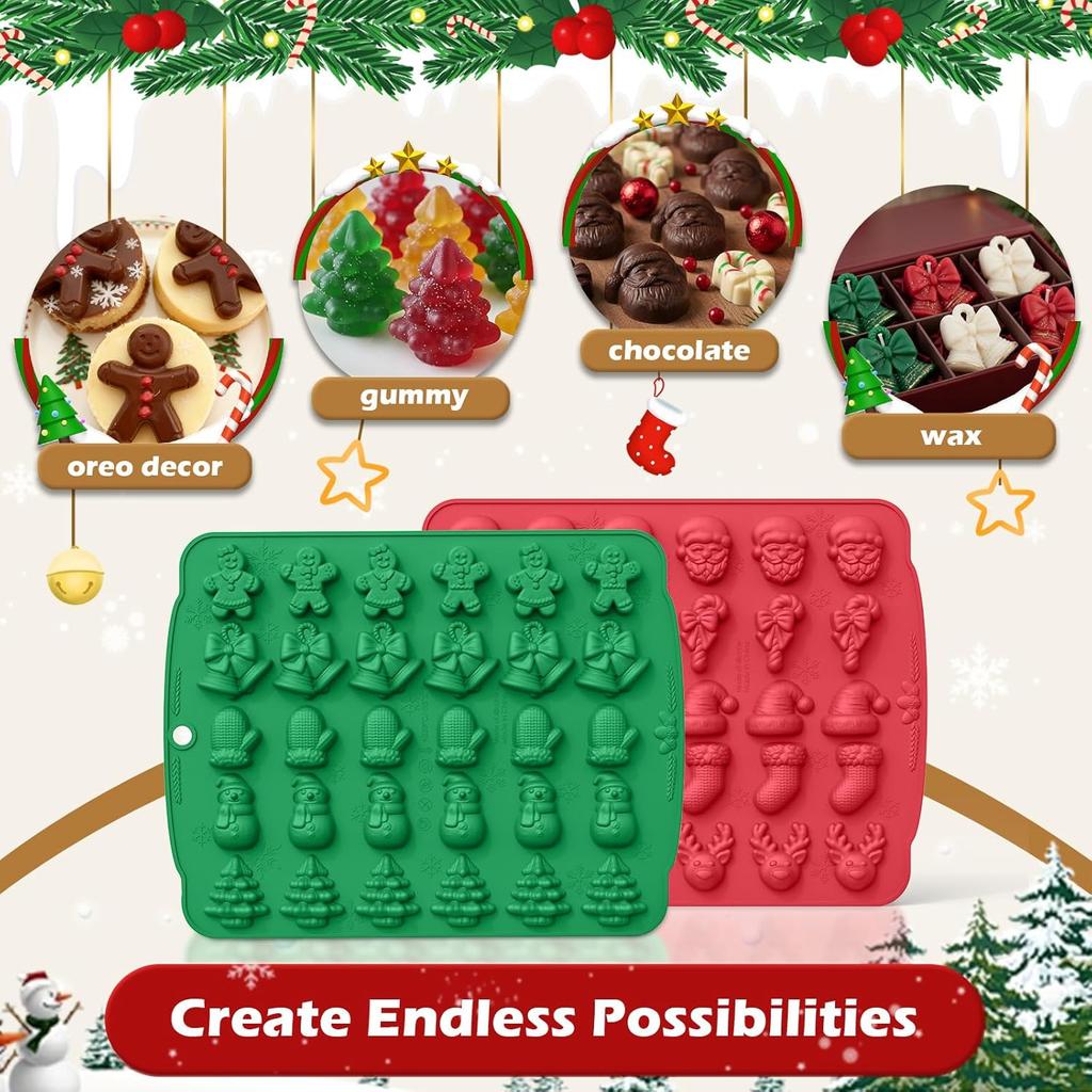 Christmas Silicone molds for Xmas Candy Chocolate Wax Decor 60 Cavity 11 Shapes Gummy Mould Including Tree Santa Cane Hat Socks Elk Gingerbread Man