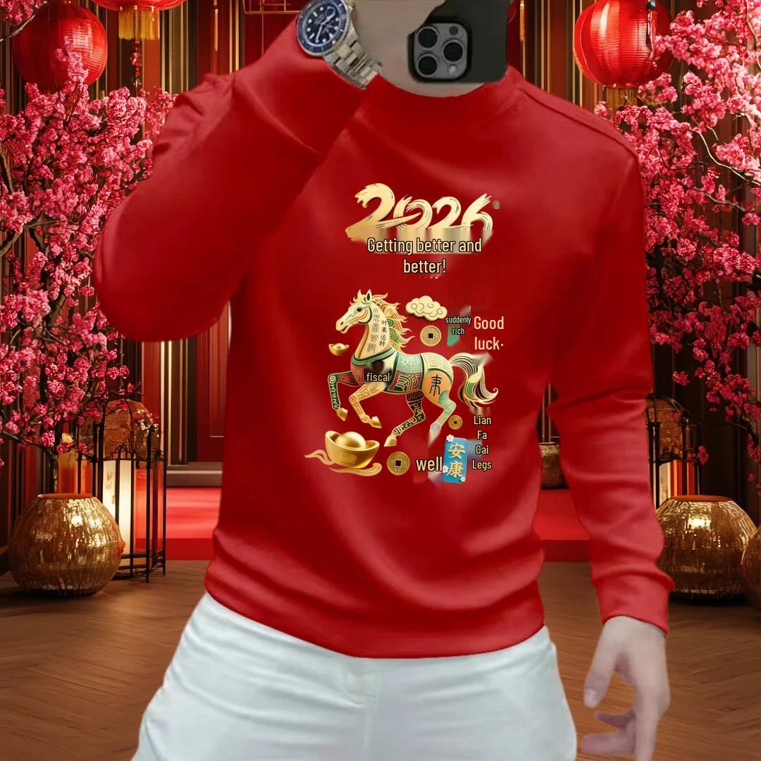 2026 New Year Men s Trendy Casual Round Neck Velvet Hoodie - Long Sleeve Printed Top XL