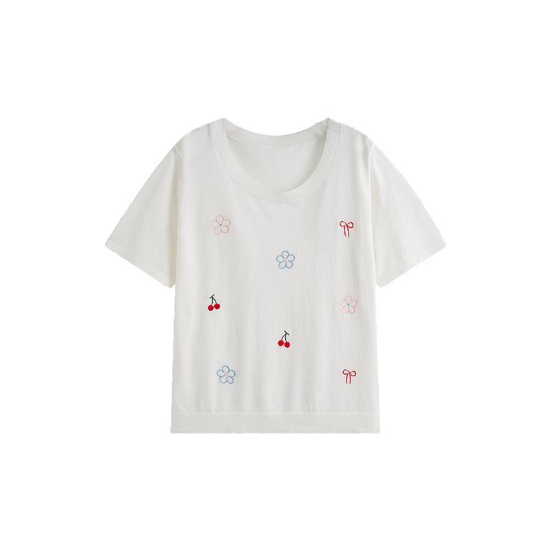 Damen Rundhals-Oberteil Damen Bestickter Strickpullover Molliges Mädchen Lässig Locker Kurzarm-T-Shirt