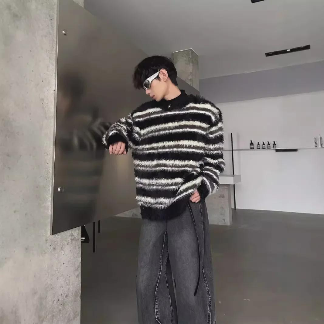 

Мужской плюшевый мохеровый свитер в черно-белую полоску - Высококачественный простой вязаный дизайн M чёрный