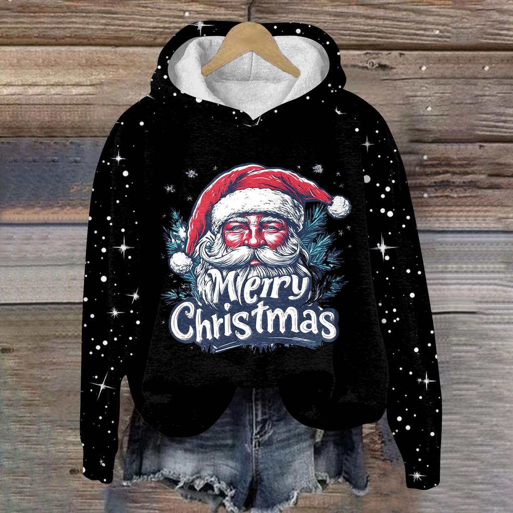 Women's Fashion Pullover Plunging Sleeve Christmas Printed Hooded Sweatshirt