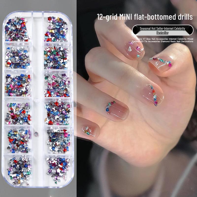 12-Grid Mini Nail Art Rhinestones, Colorful Irregular Champagne Crystals, Super Flash Flatback Nail Accessories.
