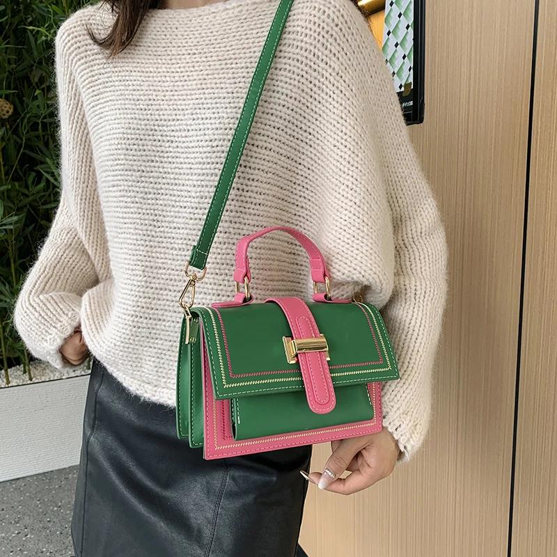 Contrast Color Pu Leather Crossbody Bag For Women Designer Handbag And Purse Top Brand Shoulder Bag Small Tote Green Small Bag
