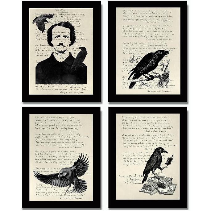 Edgar Allan Poe Collection of 4 UNFRAMED (8x10 inch) Gothic Home Decor Wall Art Prints - Edgar Allen Poe Decor Quote The Raven NEVERMORE Poems Gifts 8x10