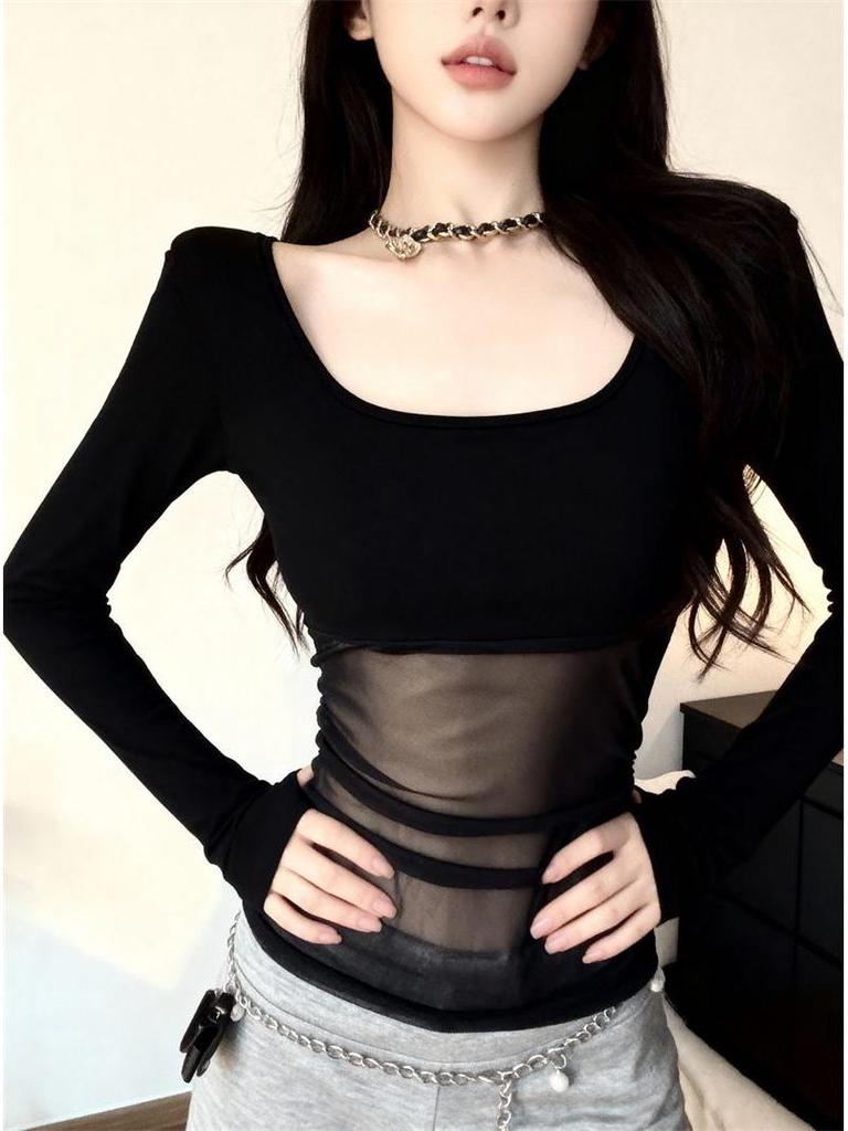 Elegant Autumn-Winter Mesh Splice Square Neck Long Sleeve See-Through Top