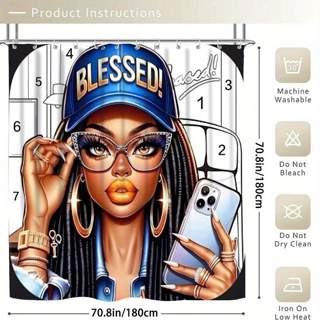 Urban Chic Style Shower Curtain for Modern Bathroom Decor, Featuring a Vibrant Illustration of a Stylish Woman Wearing