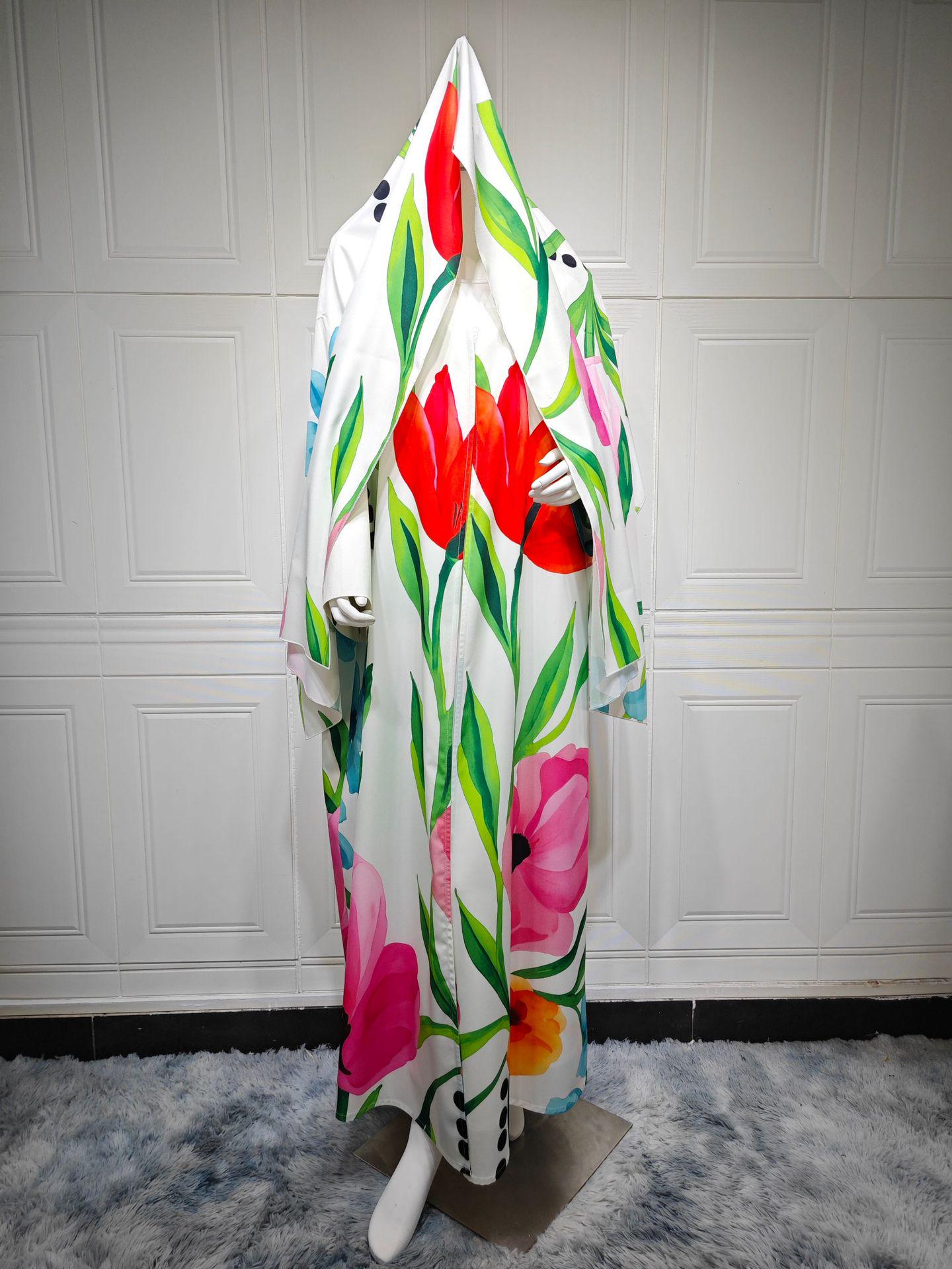 

MQ244 Скромный женский кардиган с принтом и головной платок - Повседневный, свободный крой для стиля Ближнего Востока One Size цветочный