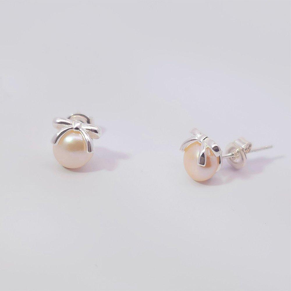 Cute Ribbon Freshwater Pearl Silver Earrings