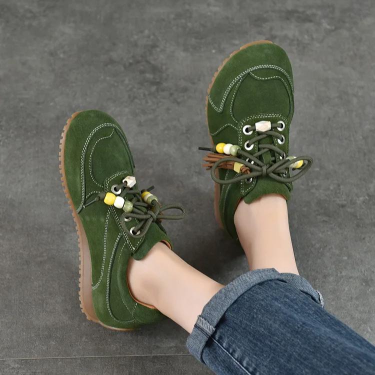 Johnature Retro Flats With Beaded Genuine Leather Lace-up Soft Soled Lightweight Women's Shoes