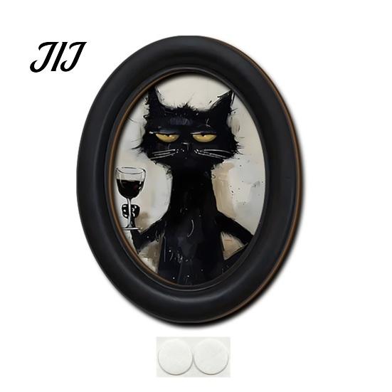 Decorative Wall Accents for Living Room Abstract Art Cat Decor, Oval 2D Wood Framed Funny Painting Unique Prints Print, Vintage Ornament Bedroom Home