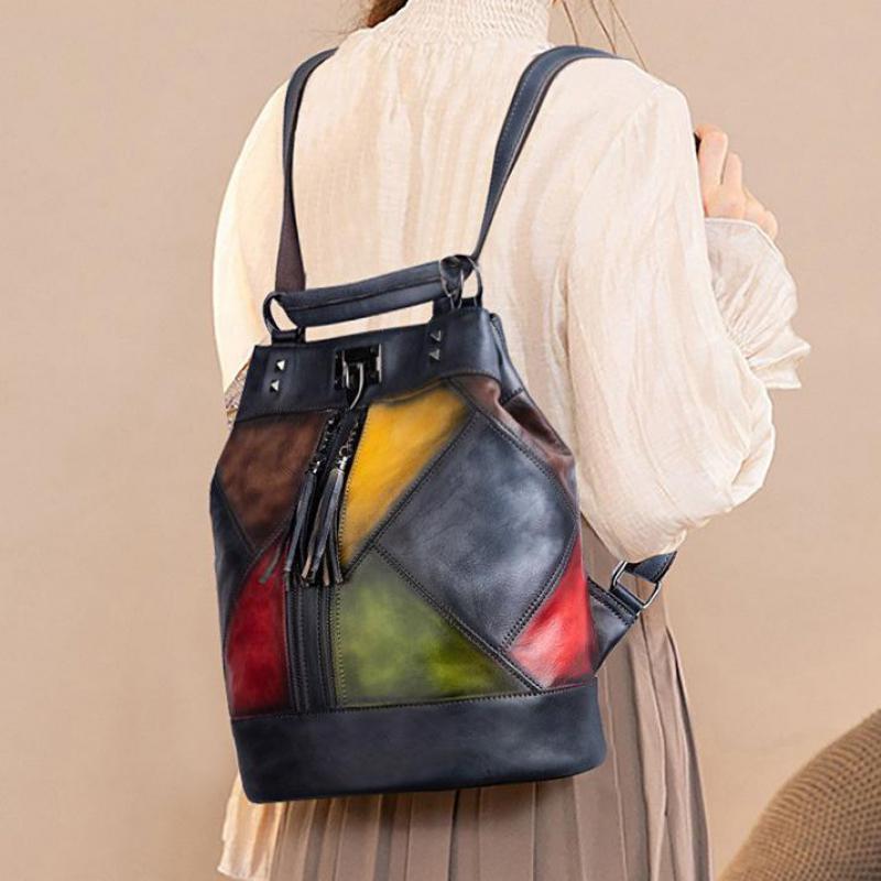 Johnature Vintage Natural Cow Leather Women Backpack Travel Bag Large Capacity Handmade Embossed Female Shoulder Bags