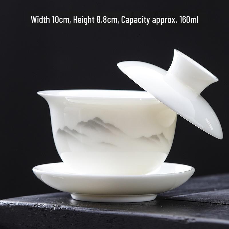 High-Grade Mutton Fat Jade Rotating Lid Bowl and White Porcelain Teapot Set