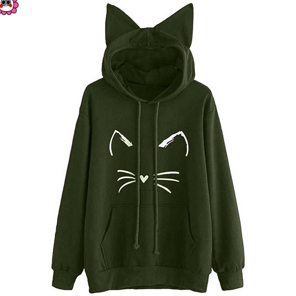 Women Hoodie Long Sleeve Sweatshirt Ladies Fleece Cat Ear Hoodie Pullover Top UK