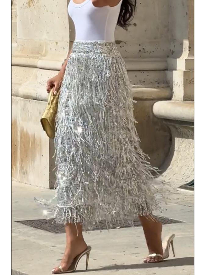 Women's Tassel Sequin Pencil Skirt with Slit - Solid Color, European & American Style
