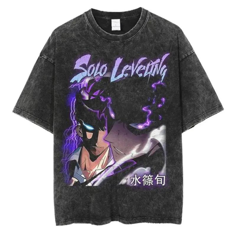 Hot Summer Anime Solo Leveling Sung Jin Woo Print T-shirt Women High Quality Washed Cotton T-shirts Harajuku Plus Size T Shirt