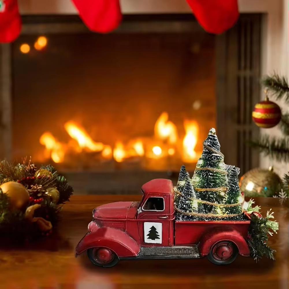 Weihnachten Kart Auto Retro Roten Lkw Weihnachten Baum LED Licht Blinkende Dekoration Weihnachten Atmosphäre Harz Desktop Ornament
