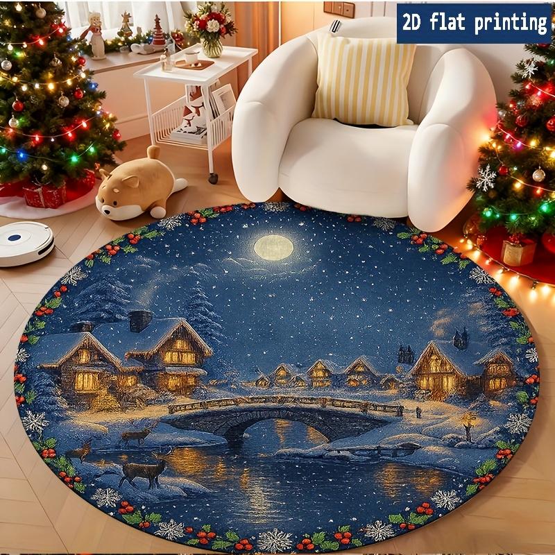 Moonlit Bridge Reindeer Snow Cabin Circular Rug washable Entry Sofa Chair floor mat Bedroom Bedside Holiday Present Washable Rug