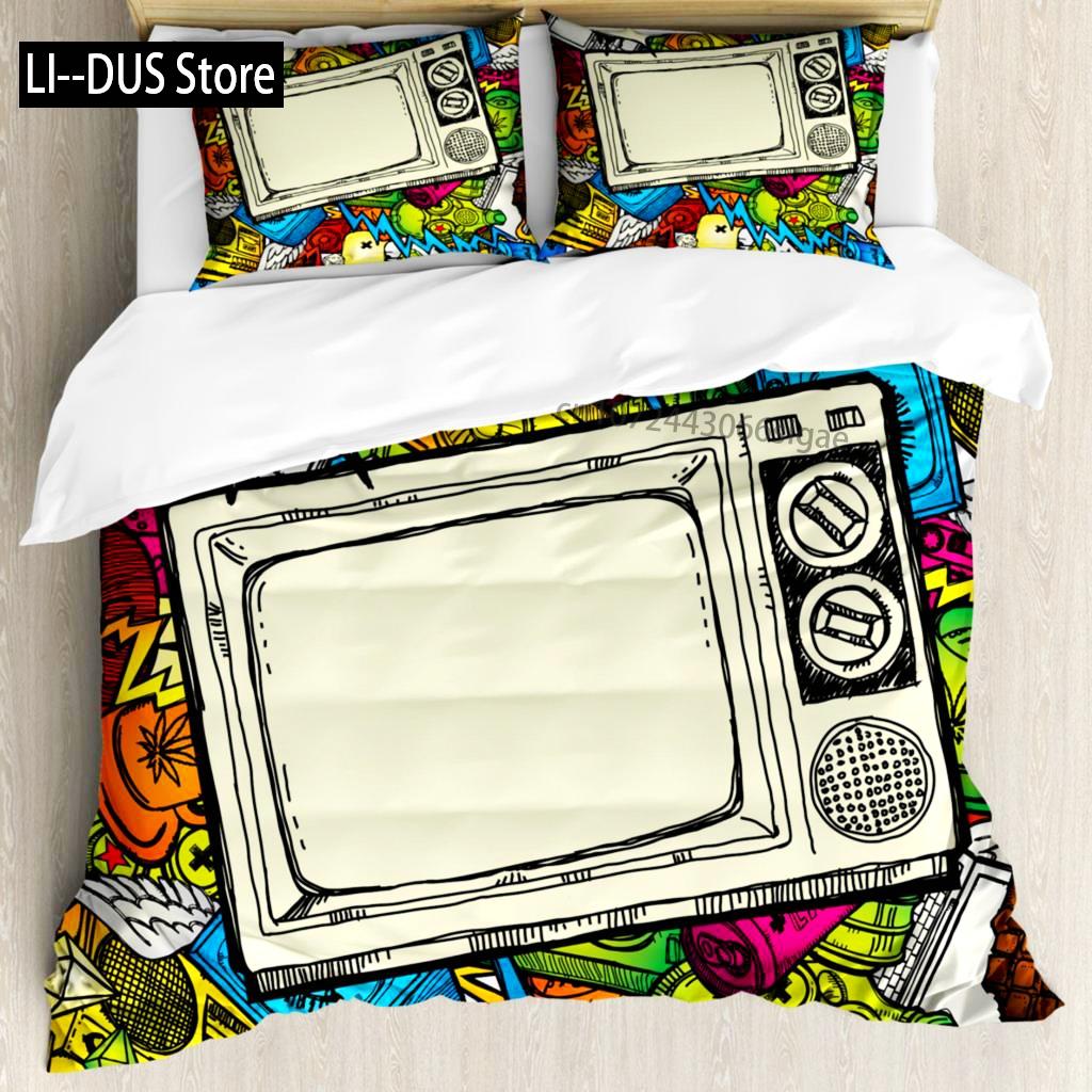 

90s Duvet Cover Set 90 s Letter And Stars On Striped Background With Circles Party Celebration Themed King Size Twin Bedding Set EU Single(135*200cm)3pcs