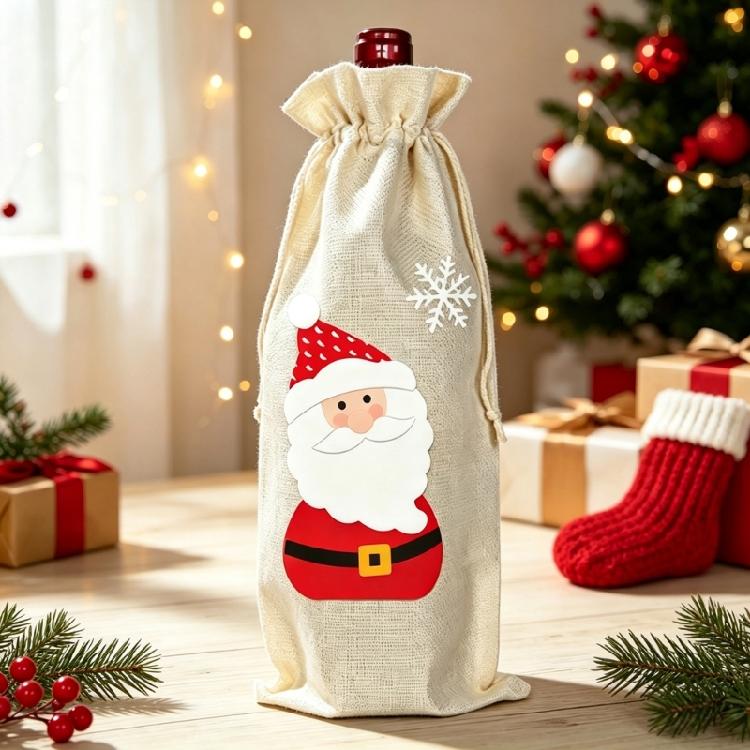 Fabric Wine Bottle Gift Bag for Christmas Presentation, Designed for a Standard Bottle with a Gathered Cord Closure